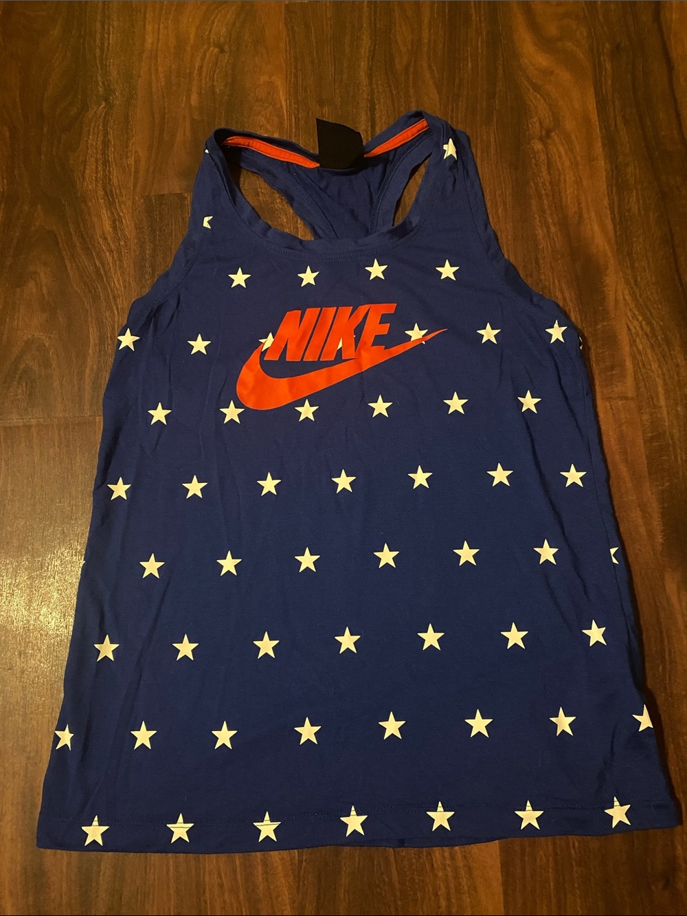 Nike Navy Tank with Orange Swoosh and White Star Print